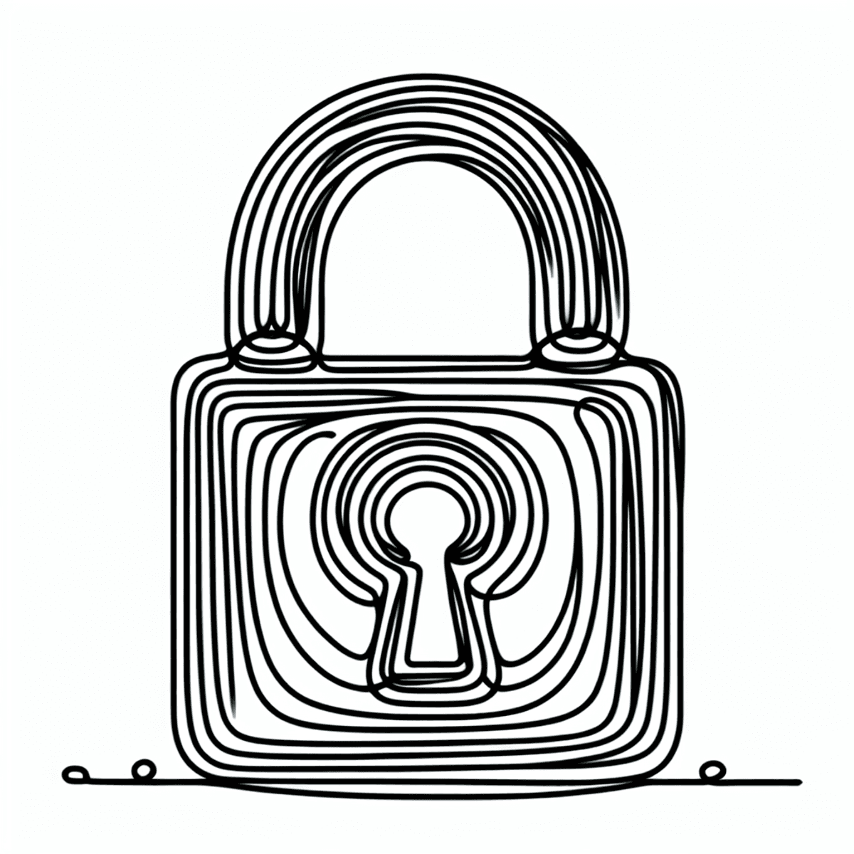 A continuous one line art drawing of a padlock with a prominent keyhole.