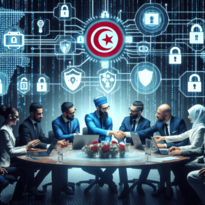 A diverse group of cybersecurity professionals from different descents engaging in a roundtable discussion, with lock symbols and shield symbols scatt