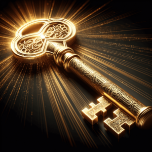 A golden key with intricate designs.