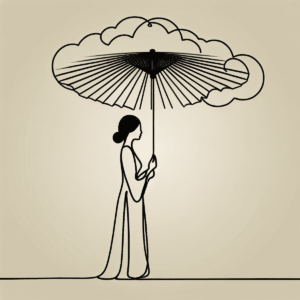 A minimalist single line drawing of an East Asian woman holding a cloud-shaped umbrella.