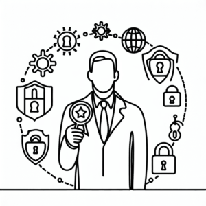 A person holding a cybersecurity achievement badge surrounded by cybersecurity symbols in a continuous line drawing.