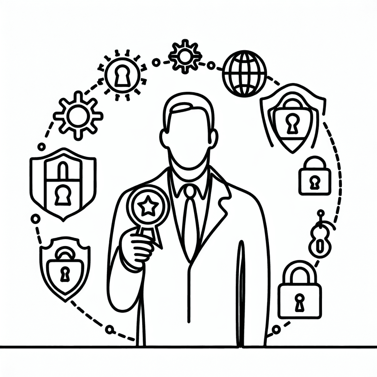 A person holding a cybersecurity achievement badge surrounded by cybersecurity symbols in a continuous line drawing.